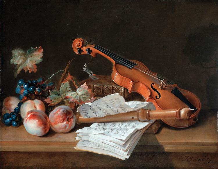 Nature morte au violon, flûte à bec, livres, partitions, pêches et raisins sur une table - Jean-Baptiste Oudry