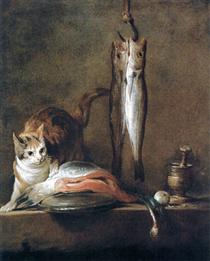 Bodegón con gato y pescado - Jean Siméon Chardin