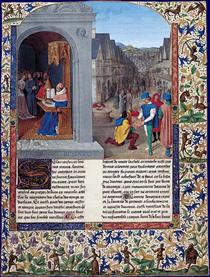 Boccaccio's De Casibus writing. A courier delivering Luvrs to Mainardo dei Cavalcanti Boccaccio - Jean Fouquet