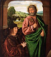Peter II Duke of Bourbon presented by St. Peter, left hand wing of a triptych - Meister von Moulins