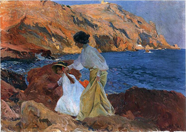Clotilde and Elena on the Rocks at Javea, 1905 - 霍金‧索羅亞