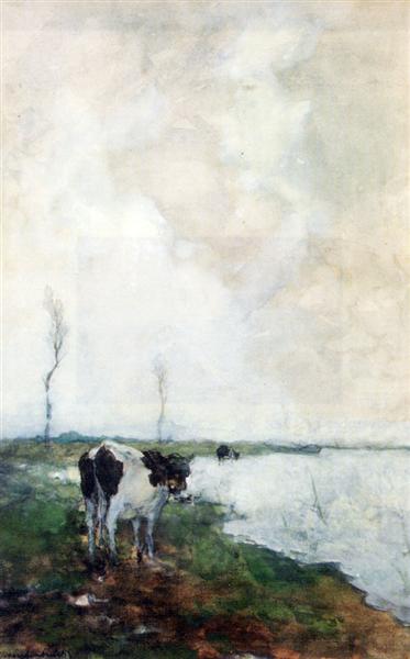 A Cow Standing By The Waterside In A Polder - Иохан Хендрик Вейсенбрух