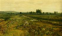 An Extensive Meadow Landscape with Geese by a Stream - Джон Эткинсон Гримшоу