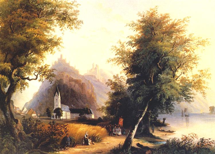The 'Enemy brothers' in Bornhofen on the Rhine with a convent and village view, c.1830 - Karl Bodmer