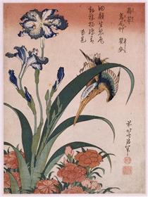 Kingfisher, carnation, iris - Katsushika Hokusai