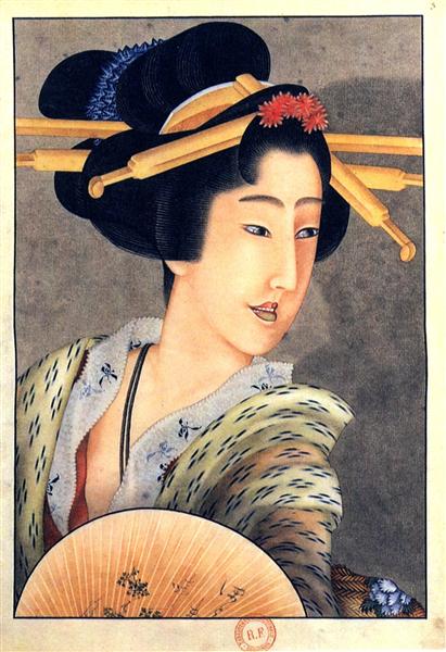Portrait of a woman holding a fan - Katsushika Hokusai