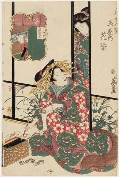 Hanamurasaki of the Tamaya, from the series Eight Views of the Pleasure Quarters (Kuruwa hakkei) - Кейсай Эйсен