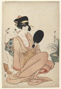 Mother and Child Gazing at a Hand Mirror - Utamaro