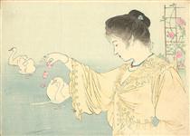 Woman and white swans - Кійоката Кабурагі