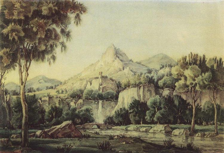 Landscape with waterfall and bridge, 1942 - Konstantin Fjodorowitsch Bogajewski