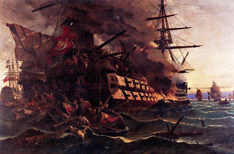 The attack on the Turkish flagship in the Gulf of Eressos at the Greek island of Lesvos by a fire ship commanded by Dimitrios Papanikolis - Constantinos Volanakis