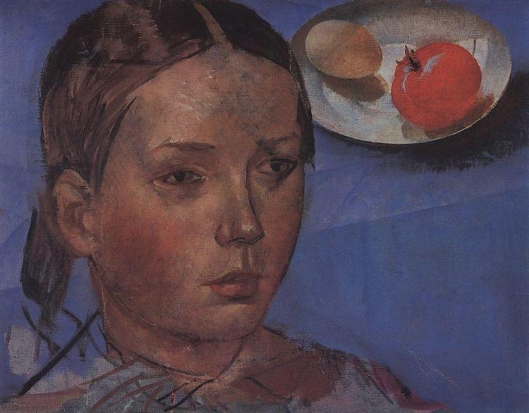 Portrait of the daughter against the backdrop of still-life, c.1930 - Kuzma Petrov-Vodkin