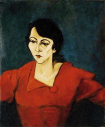 Woman in Red with Green Background - Лайош Тихань