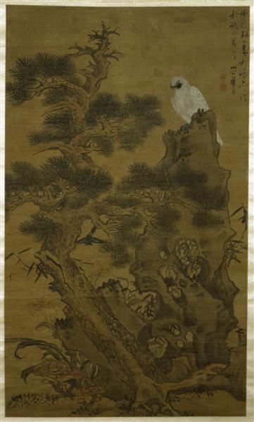 Pine Tree, White Hawk, and Rock, 1664 - Лань Ин