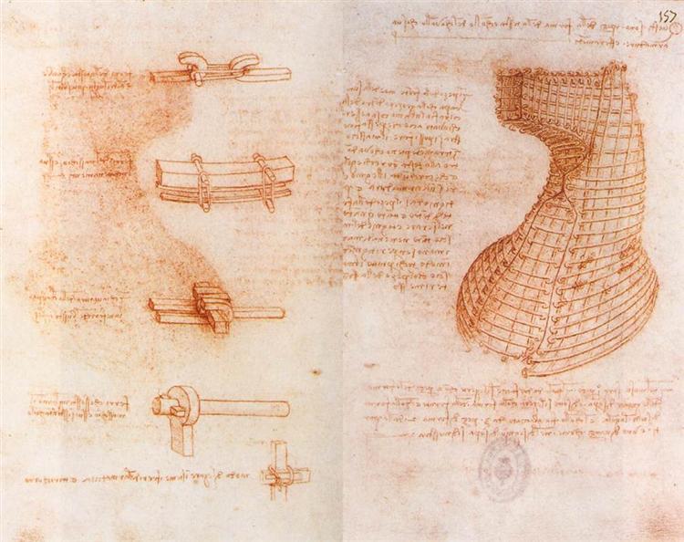 Подвійна сторінка рукопису на пам'ятнику Сфорца (Лиття голови та шиї), c.1493 - Леонардо да Вінчі