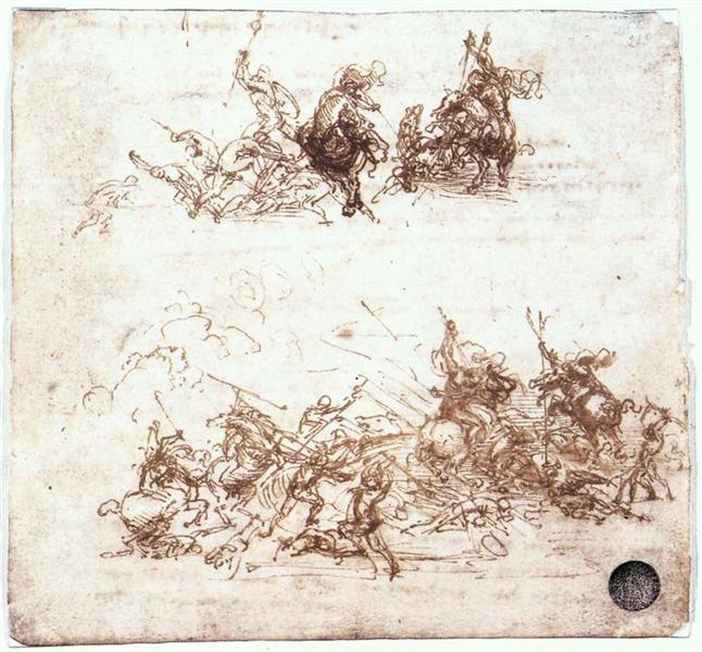 Page from a notebook showing figures fighting on horseback and on foot, c.1504 - Леонардо да Винчи