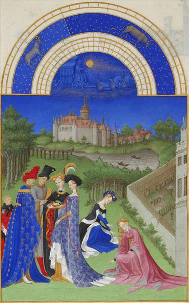 Calendar: April (Courtly Figures in the Castle Grounds), 1416 - Hermanos Limbourg