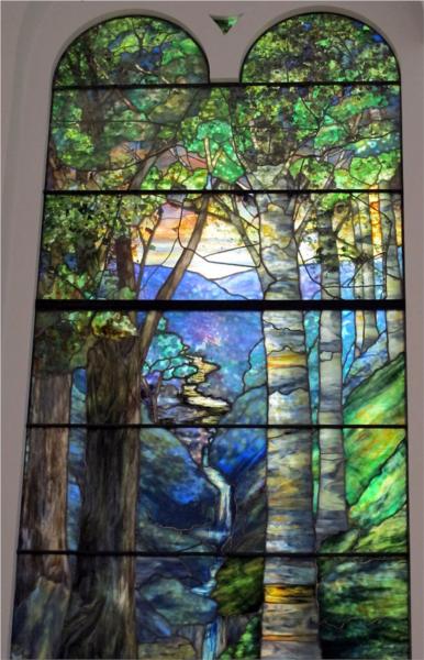Window with sunrise in the forest in spring, 1905 - Louis Comfort Tiffany