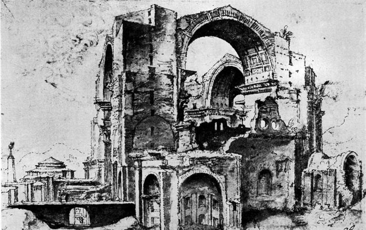 St. Peter's basilica under construction, 1532 - 1537 - Мартен ван Гемскерк