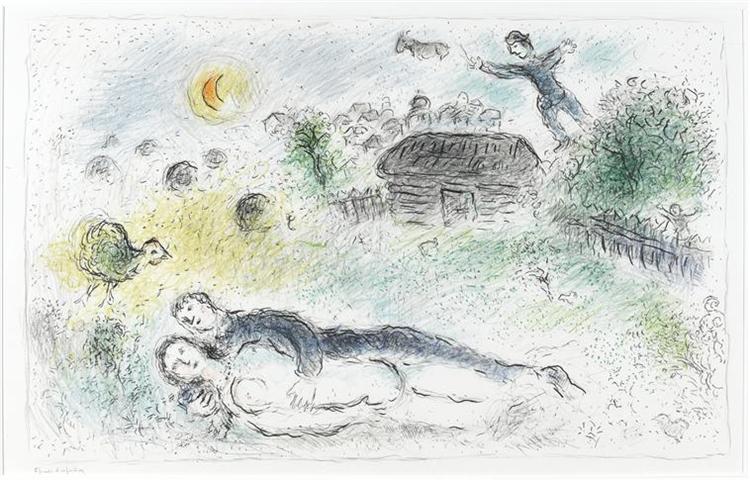 Коханці під хатою, 1980 - Марк Шагал
