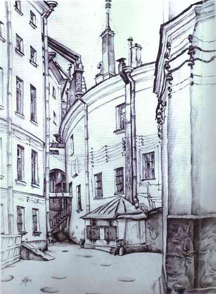 Courtyard in St. Petersburg, 1920 - Mstislav Dobujinski