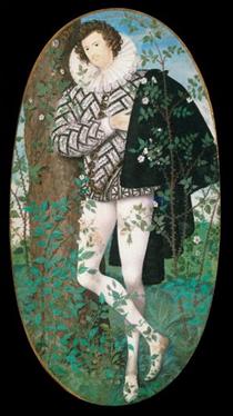 A Young Man Leaning Against a Tree Amongst Roses - Nicholas Hilliard