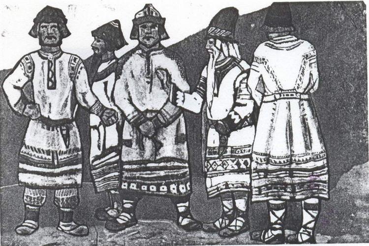 The scene with five figures in costumes, 1920 - Микола Реріх