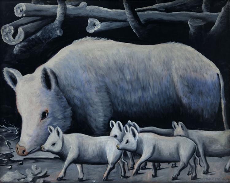 White sow with piglets - Niko Pirosmani