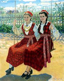 Two Girls On A Swing - Николай Богданов-Бельский