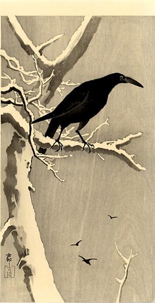Crow on a Snowy Branch - 小原古邨