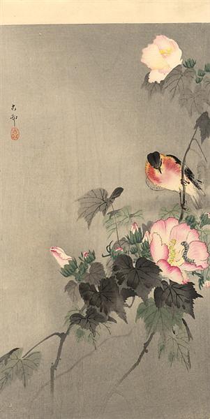 Stonechat and blossoming flower - Ohara Koson