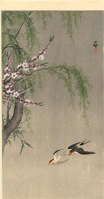 Two Barn Swallows in Flight, Willow Branch and Flowering Cherry above - Ohara Koson