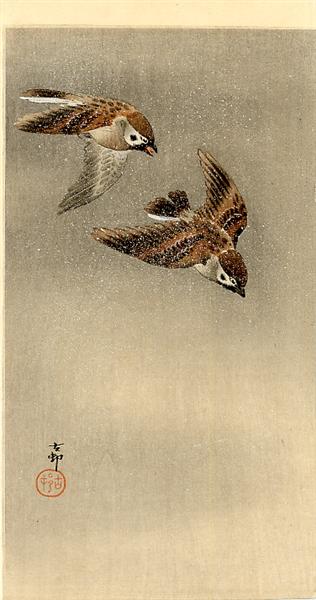 Two sparrows in flight - Ohara Koson