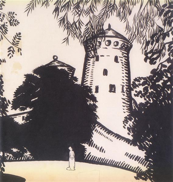 Female silhouette against the background of the castle, 1911 - Александр Богомазов