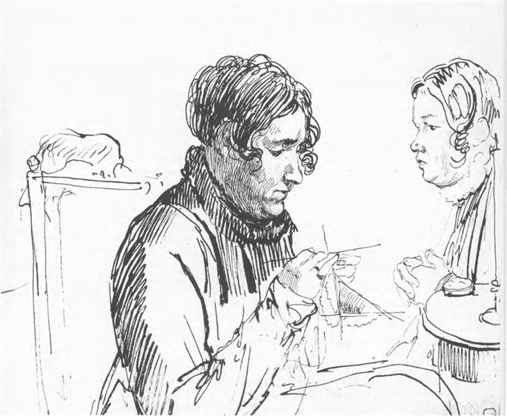 Knitting. Two women at the table, 1816 - Orest Kiprenski