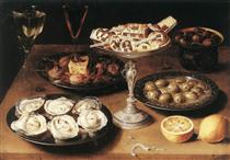 Still Life with Oysters and Pastries - Osias Beert