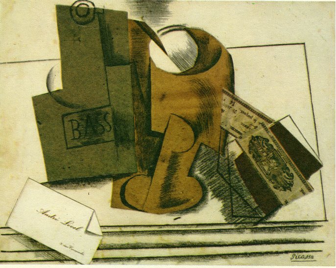 Bottle of bass, glass and package of tobacco, 1914 - Pablo Picasso