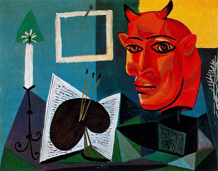 Candle, palette, head of red bull, 1938 - Пабло Пикассо