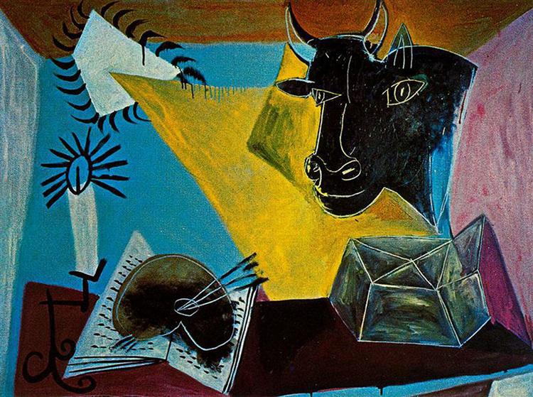 Still life with a bull's head, book and candle range, 1938 - 畢卡索