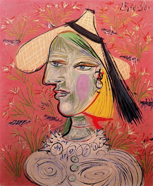 Woman with straw hat on flowery background, 1938 - Пабло Пікассо