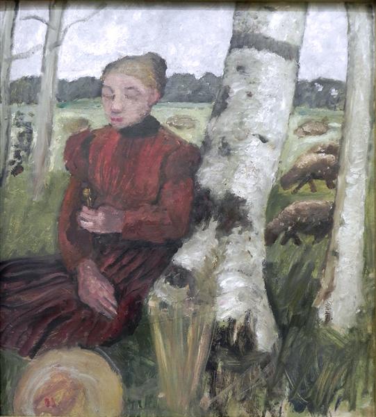 Girls at the birch tree and flock of sheep in the background, 1903 - Paula Modersohn-Becker