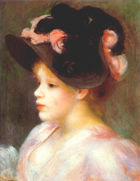 Girl with a pink and black hat, c.1890 - 雷諾瓦