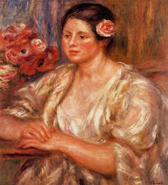 Madelaine in a White Blouse and a Bouquet of Flowers, 1915 - 1919 - Пьер Огюст Ренуар