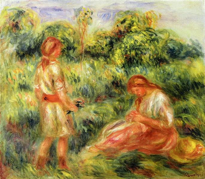 Two Young Women in a Landscape, c.1916 - 雷諾瓦