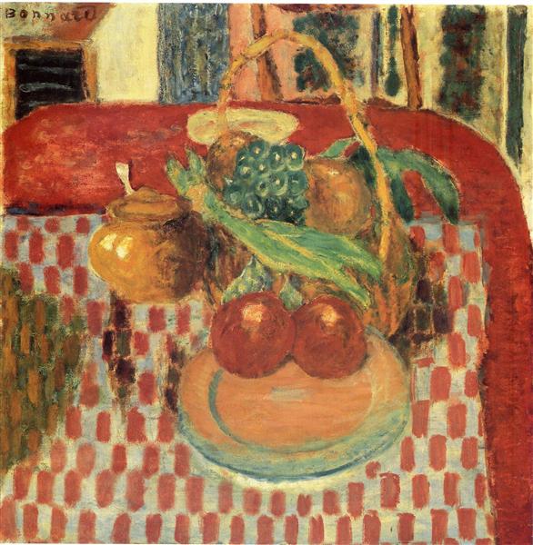Basket and Plate of Fruit on a Red Checkered Tablecloth, c.1939 - 皮爾·波納爾