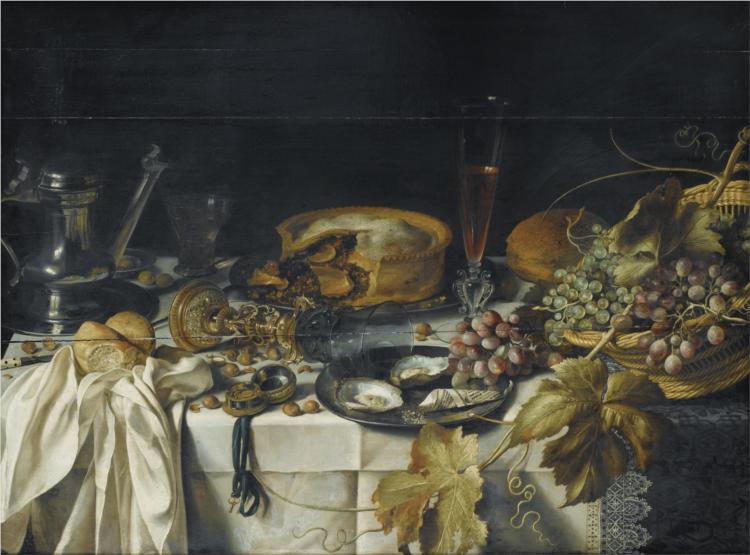 Still Life with a Pie, Basket of Grapes, Pitcher and Watch - Pieter Claesz