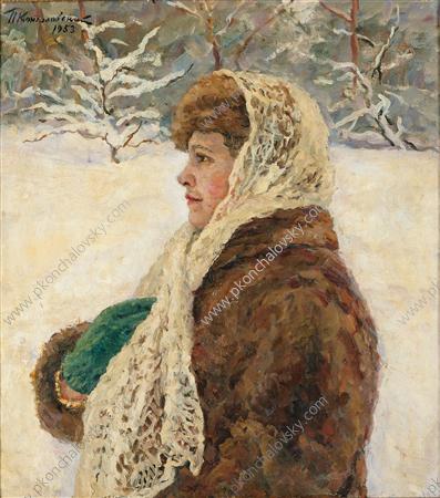 Portrait of Natalia Petrovna Konchalovskaya, daughter of the artist. Against the backdrop of a winter landscape., 1953 - Pyotr Konchalovsky