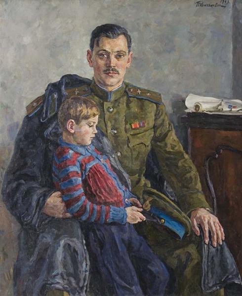 Portrait of Sergei Vladimirovich Mikhalkov with his son, 1943 - Piotr Kontchalovski