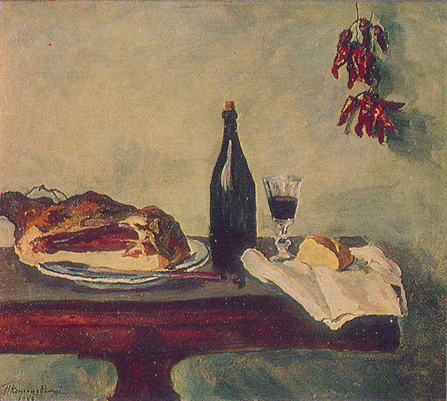 Still Life. Bread, ham and wine., 1948 - Pjotr Petrowitsch Kontschalowski