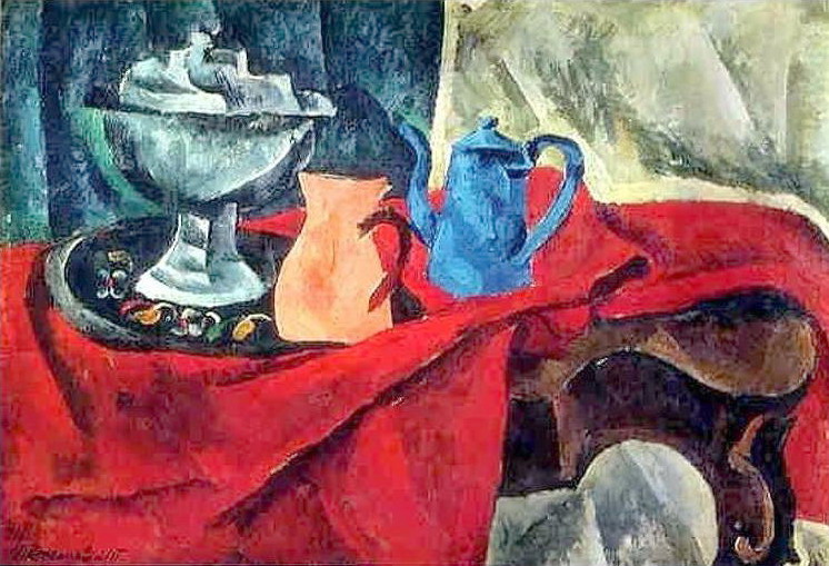 Vessels on the red tablecloth, 1916 - Петро Кончаловський